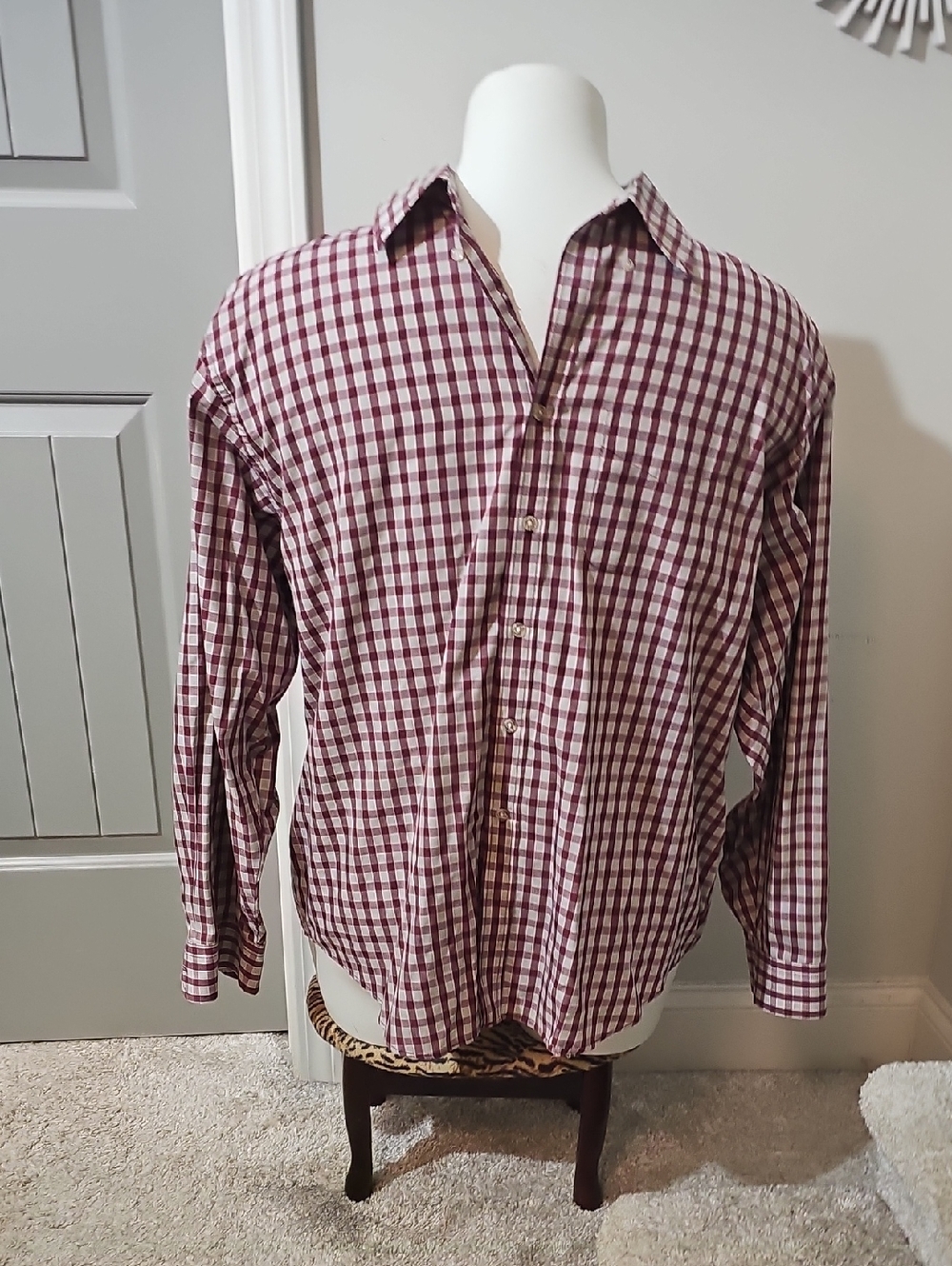 Van Heusen Men's Burgundy and White Checked Button-Down Shirt